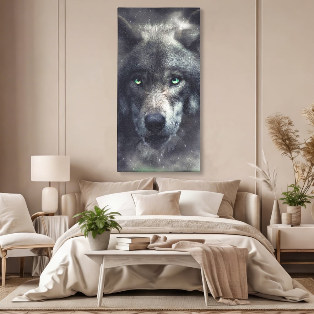 Tablou canvas cu tablou canvas cu cap de lup, fara rama, pe sasiu de lemn, pe perete intr-un dormitor